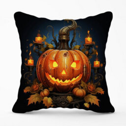 Warren Reed Designer Spooy Pumpkin With Leaves And Small Candles Cushions 60Cm X 60Cm - thumbnail 1