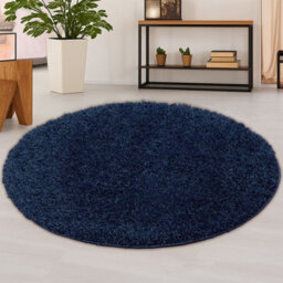 STALWART 120Cm Round Navy Blue Shaggy Rug - 5Cm Thick Pile Soft Touch Modern Circular Rug - Washable Area Rug - thumbnail 1