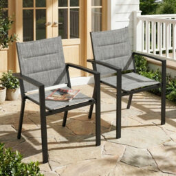 Avestar Stackable Outdoor Dining Chair Set Of 2, Padded Textilene Garden Chairs With Powder-Coated Aluminium Frame, Light Grey - thumbnail 2