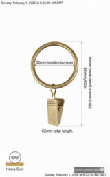 Homeelabador 30mm Metal Brass Colour Curtain Pole Rod Rings With Clips Hanging Pack Of 20 - thumbnail 3
