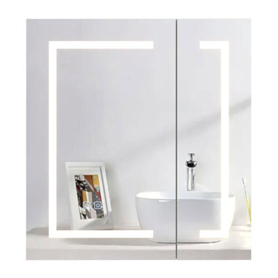 Keepreaper 60X65Cm Rectangular 2 Door E1 Moisture-Proof Bathroom Mirror Cabinet With Led Light And Anti-Fog Demister Ip44 - image 1