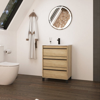 Banyetti Mattila Noir 600mm Floorstanding Vanity Unit With Matt Black Handles - Rustic Oak - image 1