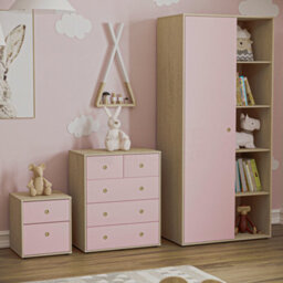 Lassic Junior Vida Neptune Pink & Oak  3 Piece Bedroom Furniture Set - Bedside Table, Drawer Chest, Wardrobe - thumbnail 2