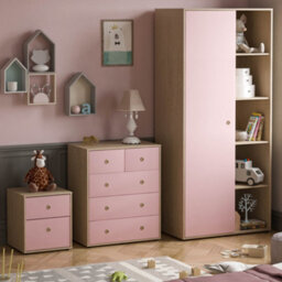 Lassic Junior Vida Neptune Pink & Oak  3 Piece Bedroom Furniture Set - Bedside Table, Drawer Chest, Wardrobe