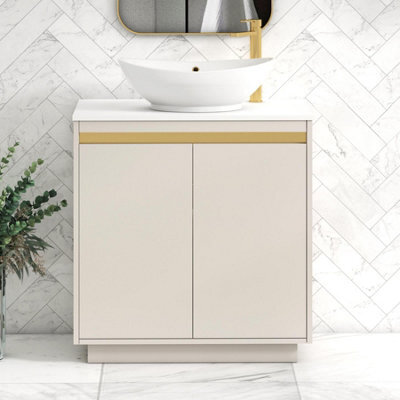 Royal Bathrooms Orion 800mm Warm Taupe Floor Standing Plain White Countertop Vanity Unit 2 Door With Amaze Basin & Brushed Brass Accent Trim - image 1