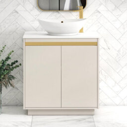 Royal Bathrooms Orion 800mm Warm Taupe Floor Standing Plain White Countertop Vanity Unit 2 Door With Amaze Basin & Brushed Brass Accent Trim - thumbnail 1