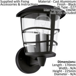 Set Of 2 Modern Black Ip44 Outdoor Wall Lanterns - 60W E27 Porch Lighting - thumbnail 2