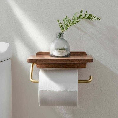 Wall-Mounted Toilet Paper Holder With Wood Stand, No-Screw Installation, Includes Phone Shelf For Bathroom Tissue Storage - image 1