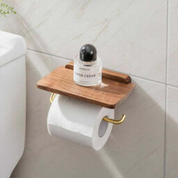 Wall-Mounted Toilet Paper Holder With Wood Stand, No-Screw Installation, Includes Phone Shelf For Bathroom Tissue Storage - thumbnail 5