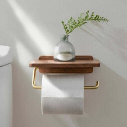 Wall-Mounted Toilet Paper Holder With Wood Stand, No-Screw Installation, Includes Phone Shelf For Bathroom Tissue Storage