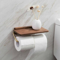 Wall-Mounted Toilet Paper Holder With Wood Stand, No-Screw Installation, Includes Phone Shelf For Bathroom Tissue Storage - thumbnail 3