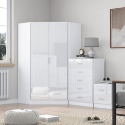 Reflect 2 Door Corner Wardrobe, 5 Drawer Chest, 2 Drawer Bedside - White Gloss & Matt White - Bedroom Furniture Set - thumbnail 1