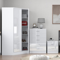 Reflect 2 Door Corner Wardrobe, 5 Drawer Chest, 2 Drawer Bedside - White Gloss & Matt White - Bedroom Furniture Set - thumbnail 4