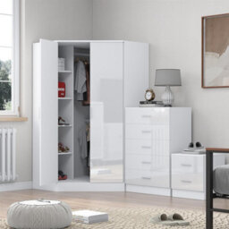 Reflect 2 Door Corner Wardrobe, 5 Drawer Chest, 2 Drawer Bedside - White Gloss & Matt White - Bedroom Furniture Set - thumbnail 2