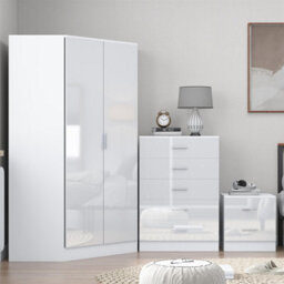 Reflect 2 Door Corner Wardrobe, 5 Drawer Chest, 2 Drawer Bedside - White Gloss & Matt White - Bedroom Furniture Set - thumbnail 3