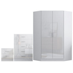 Reflect 2 Door Corner Wardrobe, 5 Drawer Chest, 2 Drawer Bedside - White Gloss & Matt White - Bedroom Furniture Set - thumbnail 6
