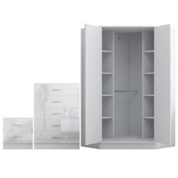 Reflect 2 Door Corner Wardrobe, 5 Drawer Chest, 2 Drawer Bedside - White Gloss & Matt White - Bedroom Furniture Set - thumbnail 7