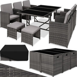 Tectake Garden Table And Chairs Malaga - 10 Seats With Cushions, Dining Table, Rain Cover - Grey