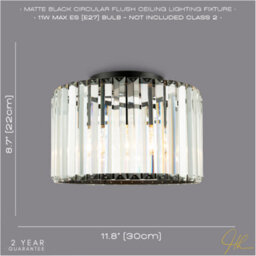 Happy Homewares Modern Chic Matte Black And Clear Crystal Glass Flush Ceiling Light Fitting - thumbnail 6