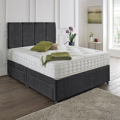 Dining Tables Zanzibar Headboard Divan Set , 2 Drawer On Same Side With Sprung 1500 Comfort Mattress - Chenille Charcoal - King - image 1
