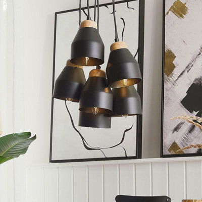 Beliani Cluster Pendant Lamp - Black Metal And Light Wood, 6 Integrated Lights, 68Cm Drop - image 1