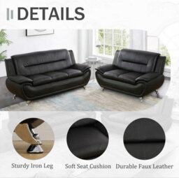 SquareBoxx Eclipse 3+2 Modern Leather Sofa Set - Black - thumbnail 5