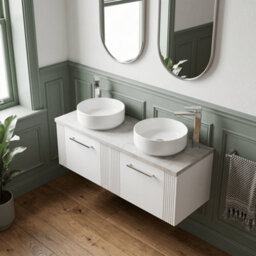Balterley Belvide Partial Fluted 2 Drawer Wall Hung Vanity Unit With Bellato Grey Laminate Worktop - 1200mm - Satin White - thumbnail 3