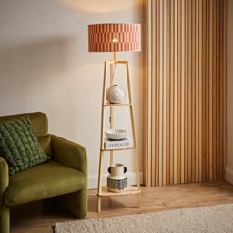 Valuelights Hiru Shelf Tripod Floor Lamp With Orange Checkerboard Bamboo Shade