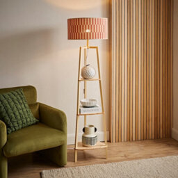 Valuelights Hiru Shelf Tripod Floor Lamp With Orange Checkerboard Bamboo Shade - thumbnail 3