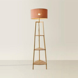 Valuelights Hiru Shelf Tripod Floor Lamp With Orange Checkerboard Bamboo Shade - thumbnail 4