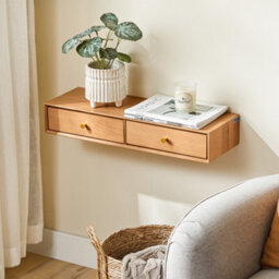 Sobuy Fhk37-N, Floating Shelf With 2 Drawers Wall Shelf Solid Beech Wood, W60 X D20 X H10Cm, Natural - thumbnail 2