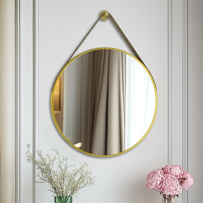 Artloge 60Cm Gold Round Wall Mirror With Strap Aluminum Frame Hanging Mirror Farmhouse Space - image 1