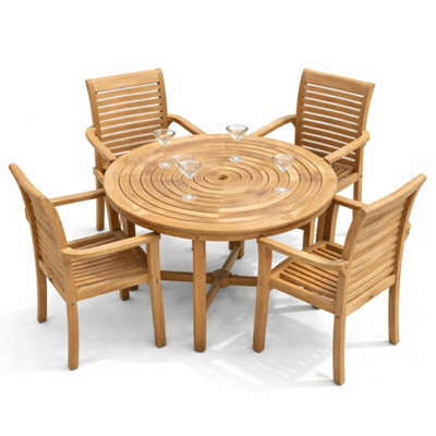 Teak Garden Furniture Round Folding Table With 4 Stacking Chairs - image 1