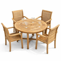 Teak Garden Furniture Round Folding Table With 4 Stacking Chairs
