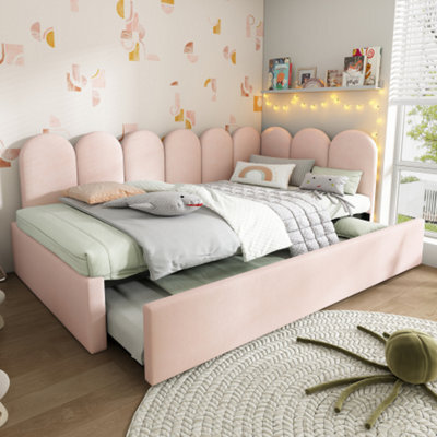 Btm Upholstered Daybed With Pull Out Bed 3Ft Single Sofa Bed 90X190Cm Velvet Pink Guest Bed No Mattress - image 1