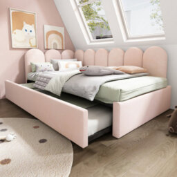 Btm Upholstered Daybed With Pull Out Bed 3Ft Single Sofa Bed 90X190Cm Velvet Pink Guest Bed No Mattress - thumbnail 4
