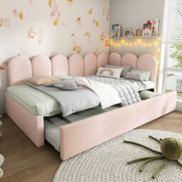 Btm Upholstered Daybed With Pull Out Bed 3Ft Single Sofa Bed 90X190Cm Velvet Pink Guest Bed No Mattress - thumbnail 1
