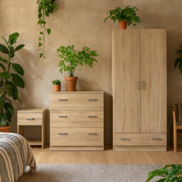 Wyld Haus Berlin Natural 3-Piece Bedroom Furniture Set With Bedside, Chest And Wardrobe