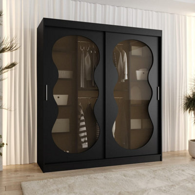 Arte Bahrain Iii Black Sliding Door Wardrobe 180Cm - Modern Smoked Glass Wardrobe With Two Hanging Rails - image 1