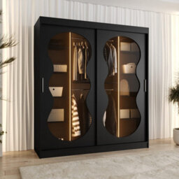 Arte Bahrain Iii Black Sliding Door Wardrobe 180Cm - Modern Smoked Glass Wardrobe With Two Hanging Rails - thumbnail 3