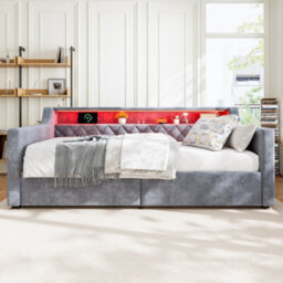 Btm 3Ft Single Daybed Sofa Bed, Velvet Upholstered, Led Strip, Usb Type A+C Charging, 2 Drawers, Grey - thumbnail 3