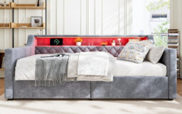 Btm 3Ft Single Daybed Sofa Bed, Velvet Upholstered, Led Strip, Usb Type A+C Charging, 2 Drawers, Grey - thumbnail 7