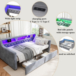 Btm 3Ft Single Daybed Sofa Bed, Velvet Upholstered, Led Strip, Usb Type A+C Charging, 2 Drawers, Grey - thumbnail 6
