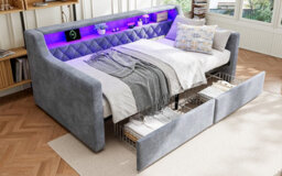 Btm 3Ft Single Daybed Sofa Bed, Velvet Upholstered, Led Strip, Usb Type A+C Charging, 2 Drawers, Grey - thumbnail 9