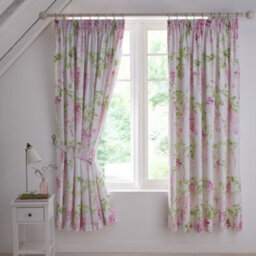 Dreams & Drapes Wisteria Floral Print Pair Of Pink Pencil Pleat Curtains With Tie-Backs - thumbnail 1