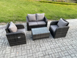 Fimous 4 Pc Outdoor Pe Rattan Garden Furniture Set Wicker Love Sofa Coffee Table 2 Armchair Dark Grey Mixed - thumbnail 2