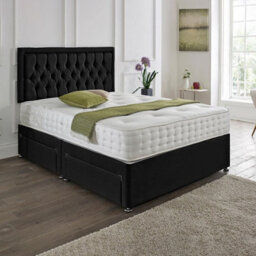 Dining Tables Lisbon Matching Headboard Divan Set, 2 Drawer On Same Side With Sprung 1500 Comfort Mattress - Damask Fabric Black - King - thumbnail 1