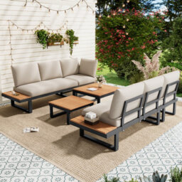 Btm 5To6 Seater Garden Lounge Set, Iron Frame, Reclining Seats, 2 Wpc Tables, Beige/grey - thumbnail 3
