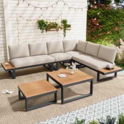 Btm 5To6 Seater Garden Lounge Set, Iron Frame, Reclining Seats, 2 Wpc Tables, Beige/grey - thumbnail 2