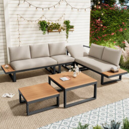 Btm 5To6 Seater Garden Lounge Set, Iron Frame, Reclining Seats, 2 Wpc Tables, Beige/grey - thumbnail 1